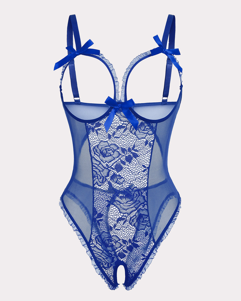 Crotchless lace mini bodysuit in royal blue sheer mesh with floral lace panel and bow straps