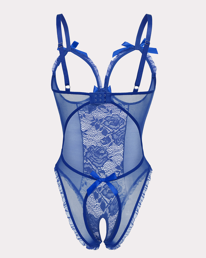 Royal blue crotchless lace mini bodysuit with underwire cups and bow-tied shoulder straps