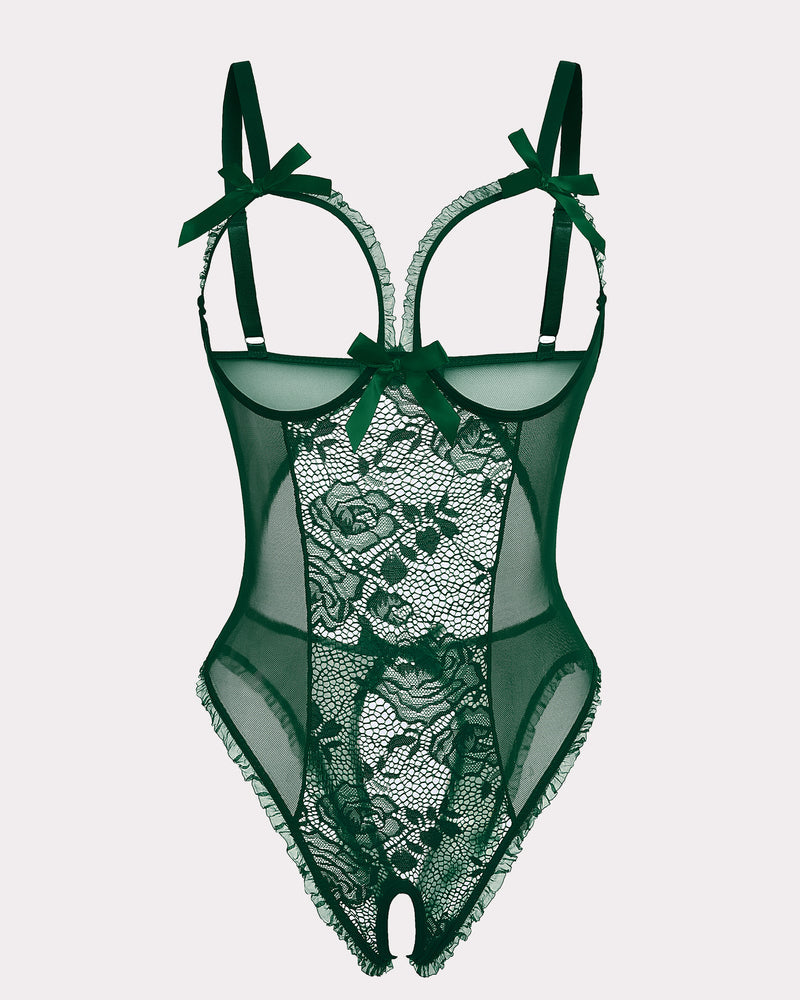 Dark green crotchless lace mini bodysuit with sheer mesh and floral lace center, bow straps
