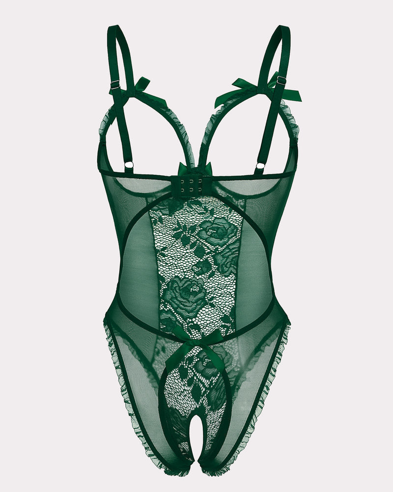 Dark green crotchless lace mini bodysuit with underwire cups and bow-tied shoulder straps