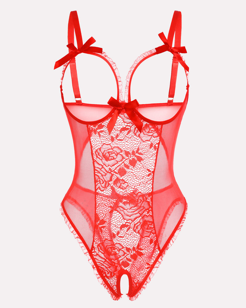 Wine red crotchless lace mini bodysuit with sheer mesh and floral lace center, bow straps