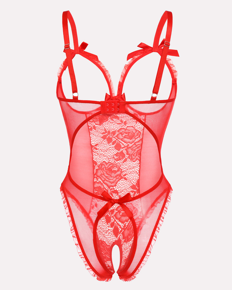 Red crotchless lace mini bodysuit with sheer mesh cups and bow shoulder straps