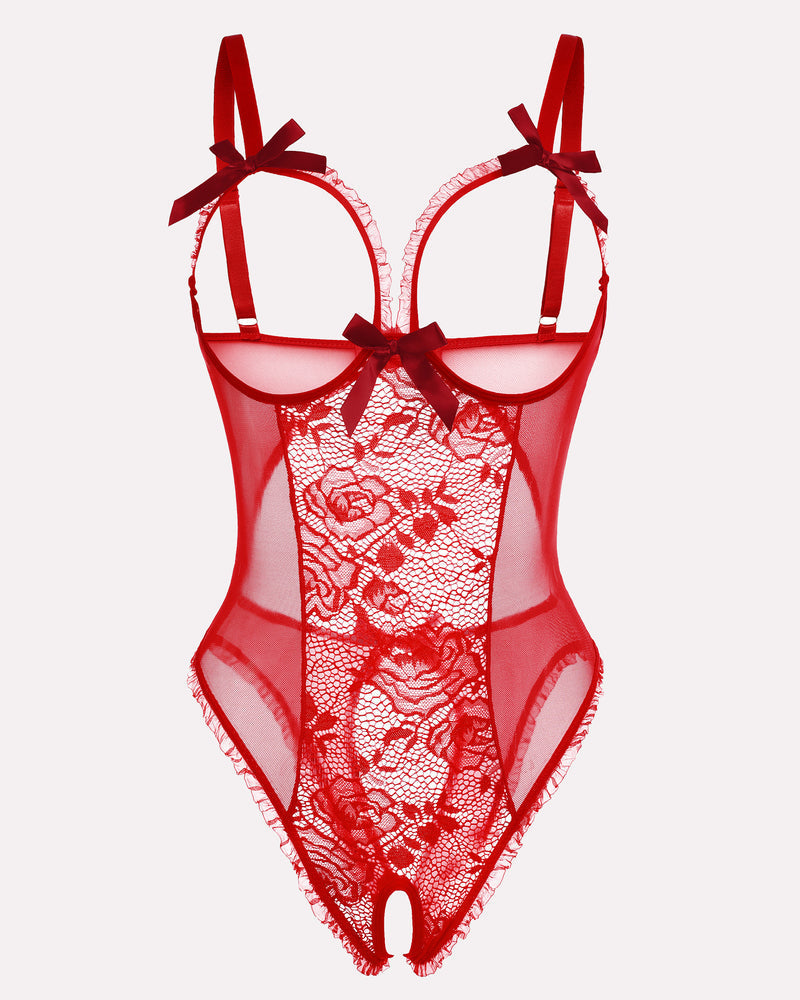 Black crotchless lace mini bodysuit with sheer front panel and bow tie shoulder straps