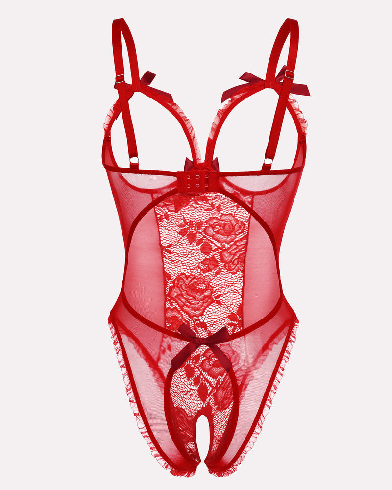 Red crotchless lace mini bodysuit with scalloped lace center panel and bow straps