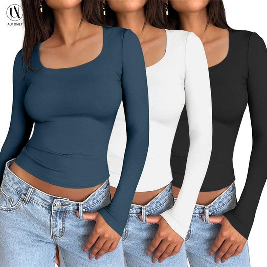 AUTOMET Women's 3 Pack Long Sleeve Crop Tops Slim Fit Y2K Fashion Basic Layering Shirts - Seldom Seen Styles