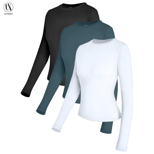 AUTOMET Women's 3-Piece Long Sleeve Shirts Basic Crop Tops Going Out Fall Fashion Underscrubs Layer Slim - Seldom Seen Styles