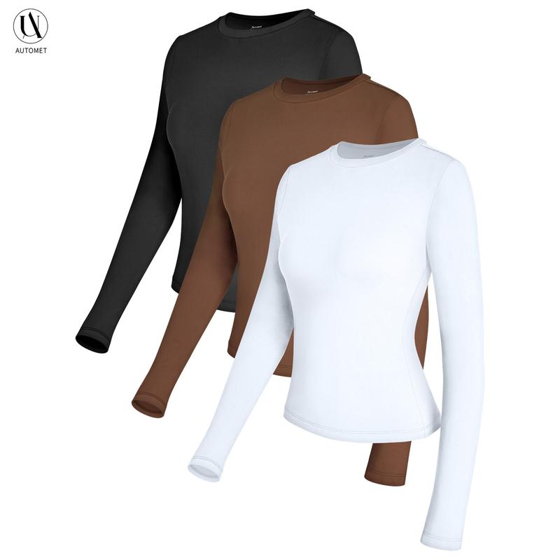 AUTOMET Women's 3-Piece Long Sleeve Shirts Basic Crop Tops Going Out Fall Fashion Underscrubs Layer Slim - Seldom Seen Styles