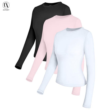 AUTOMET Women's 3-Piece Long Sleeve Shirts Basic Crop Tops Going Out Fall Fashion Underscrubs Layer Slim