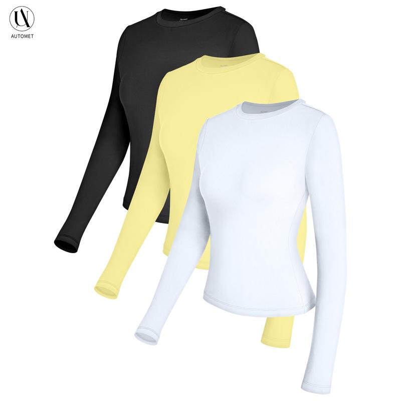 AUTOMET Women's 3-Piece Long Sleeve Shirts Basic Crop Tops Going Out Fall Fashion Underscrubs Layer Slim - Seldom Seen Styles