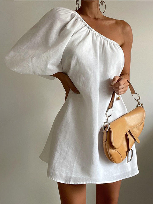 Aegean Cotton Linen One Sleeve Short Dress - Seldom Seen Styles