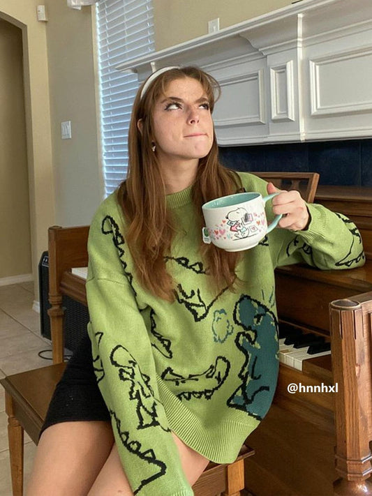 Aelfric Eden Dinosaur Cartoon Graphic Knit Sweater - Seldom Seen Styles