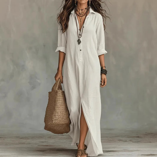 Agnes Loose Cotton Linen 3/4 Sleeve Maxi Shirt Dress - Seldom Seen Styles