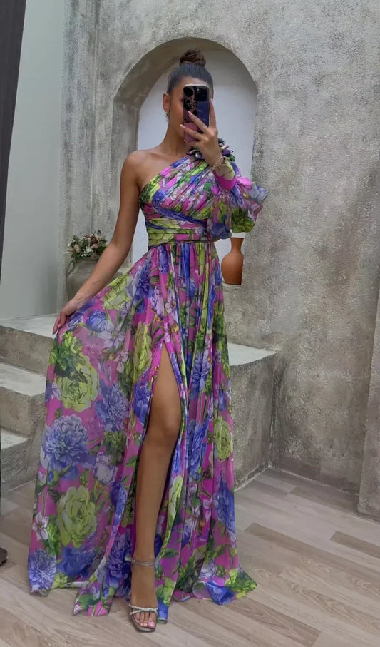 Aida | Women’s Flowy Floral One Shoulder High Slit Maxi Dress - Seldom Seen Styles