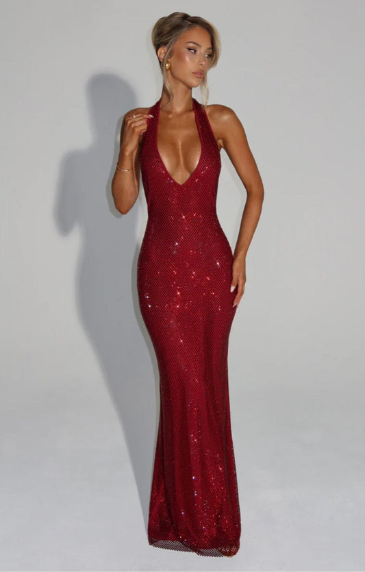 Alara Crystal Mesh Maxi Gown — Halter Neck Open Back | S-XL - Seldom Seen Styles