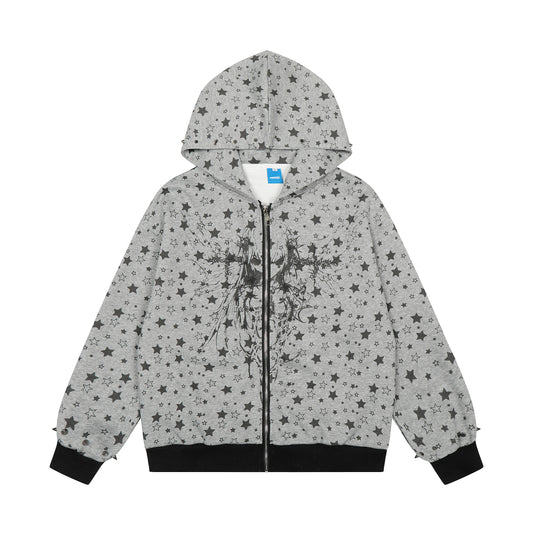 All Over Star Print Gothic Tree Graphic Zip Up Hoodie Oversized Rivet Cuff Y2K Streetwear Sweatshirt - Seldom Seen Styles