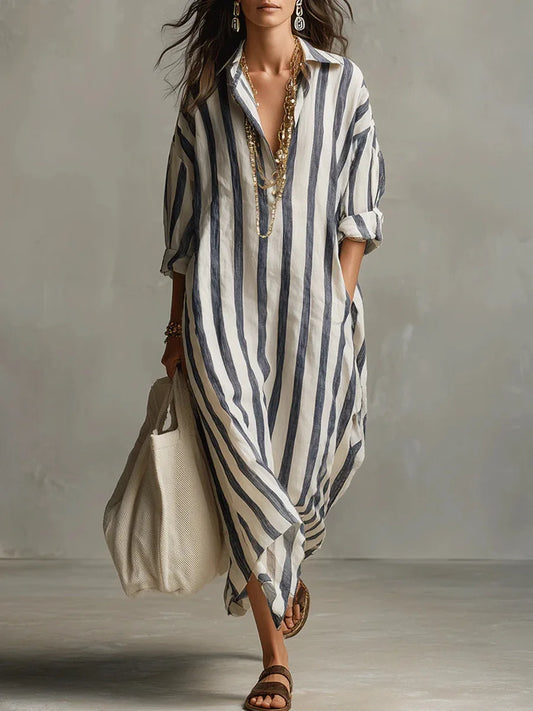 Amaris Loose Linen Cotton Striped Maxi Dress - Casual 3/4 Sleeve Shirt Dress - Seldom Seen Styles