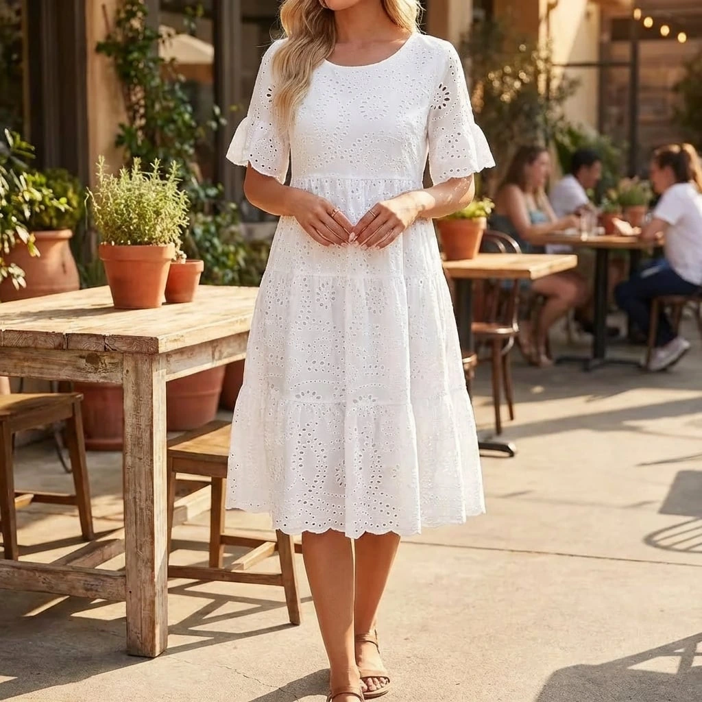 Amelie | Women's Eyelet Midi Dress - Seldom Seen Styles