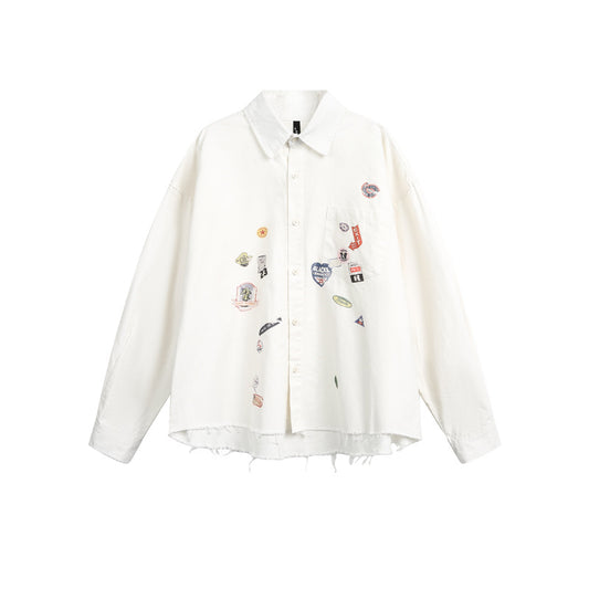 American Cartoon Sticker Print Raw Edge Long Sleeve Shirt Loose Casual Vibe Washed Trendy | Sticker Raw Shirt - Seldom Seen Styles