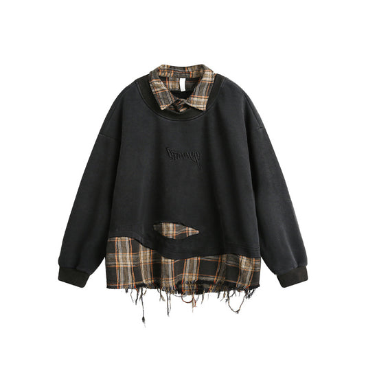 American Retro Plaid Splicing Destroyed Raw Hem Lapel Sweatshirt Loose Couple Casual Trendy | Plaid Destroy Sweat - Seldom Seen Styles