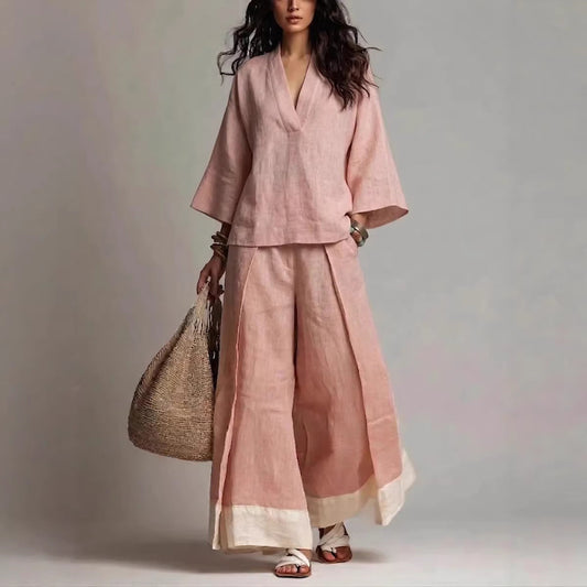 Annie's Fashion Women's Cotton-Linen V-Neck Three-Quarter Sleeve Shirt and Wide-Leg Pants Set - Seldom Seen Styles