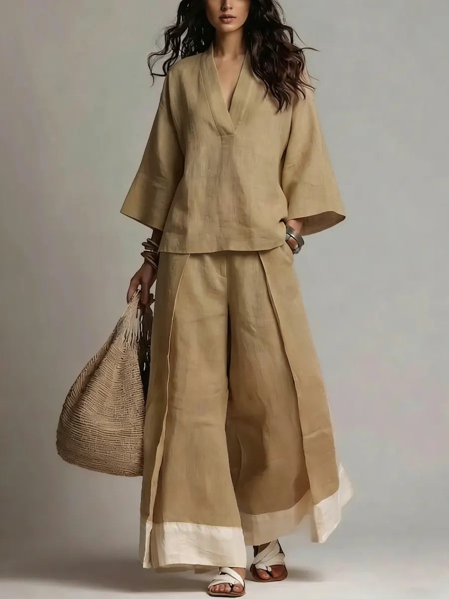 Annie's Fashion Women's Cotton-Linen V-Neck Three-Quarter Sleeve Shirt and Wide-Leg Pants Set - Seldom Seen Styles