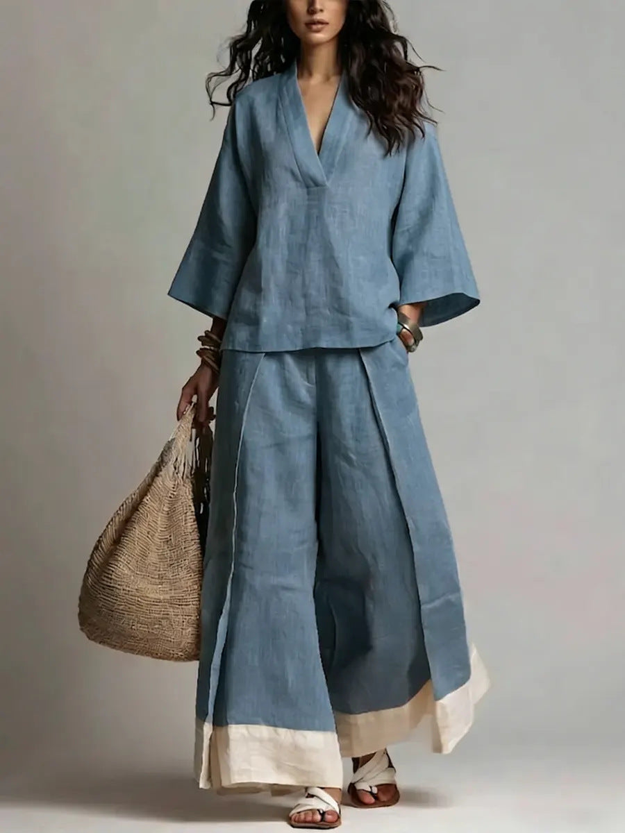 Annie's Fashion Women's Cotton-Linen V-Neck Three-Quarter Sleeve Shirt and Wide-Leg Pants Set - Seldom Seen Styles