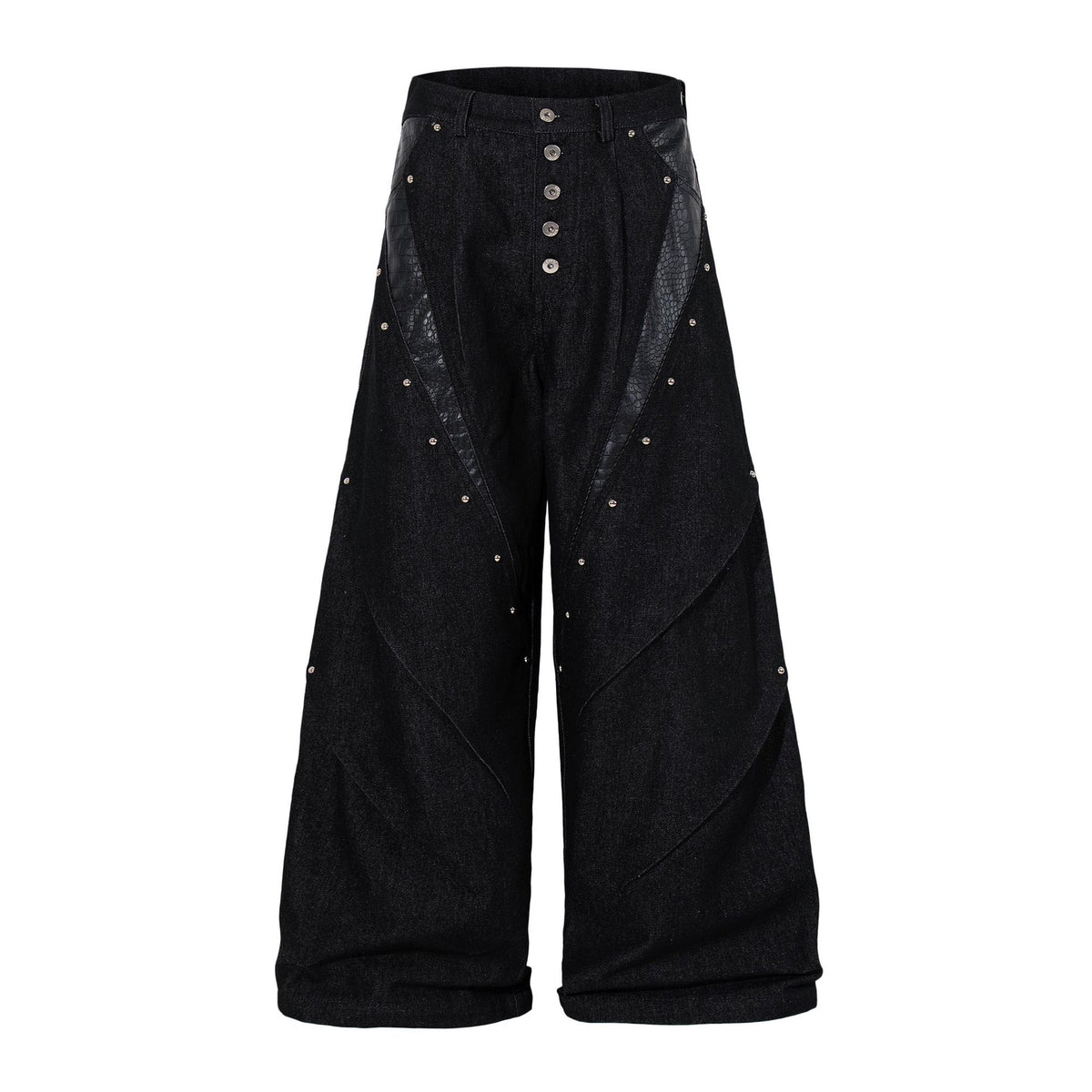 Argue Culture Studded Leather Patchwork Denim Pants | Black - Seldom Seen Styles