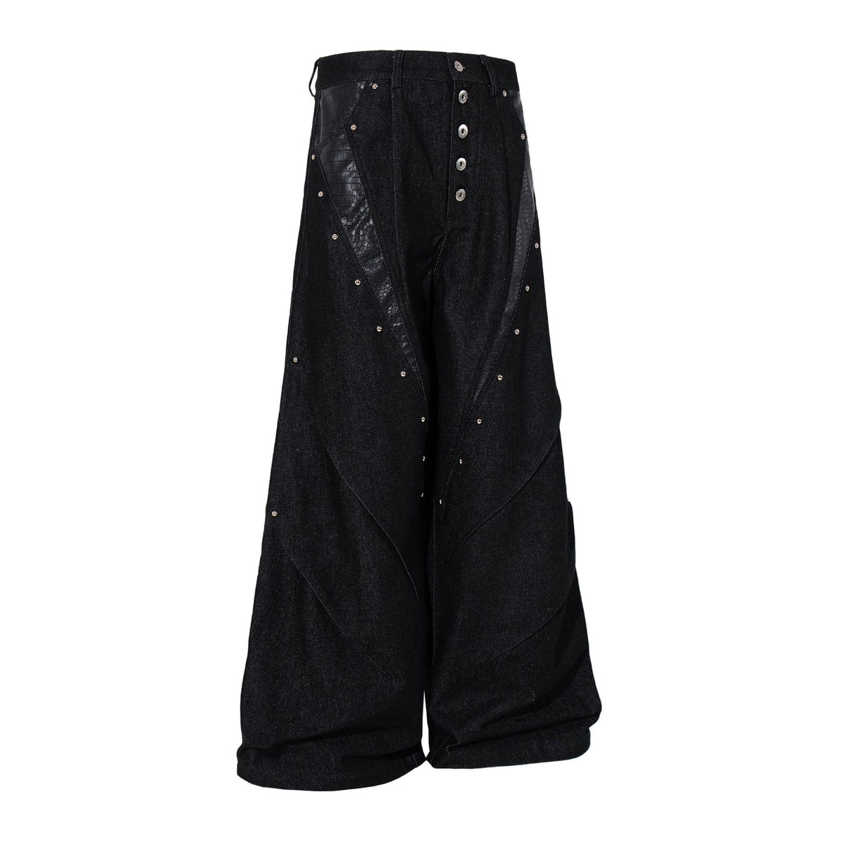 Argue Culture Studded Leather Patchwork Denim Pants | Black - Seldom Seen Styles