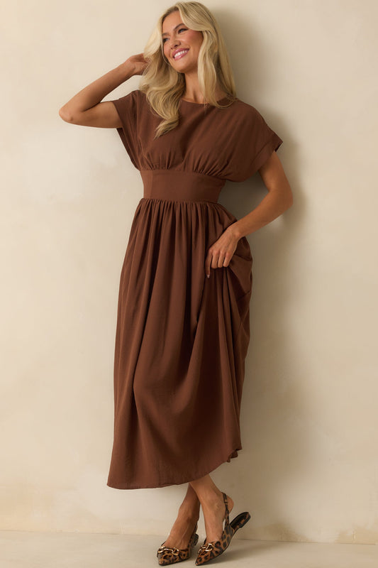 As Promised Brown Short Sleeve Cinched Waist Maxi Dress - Seldom Seen Styles