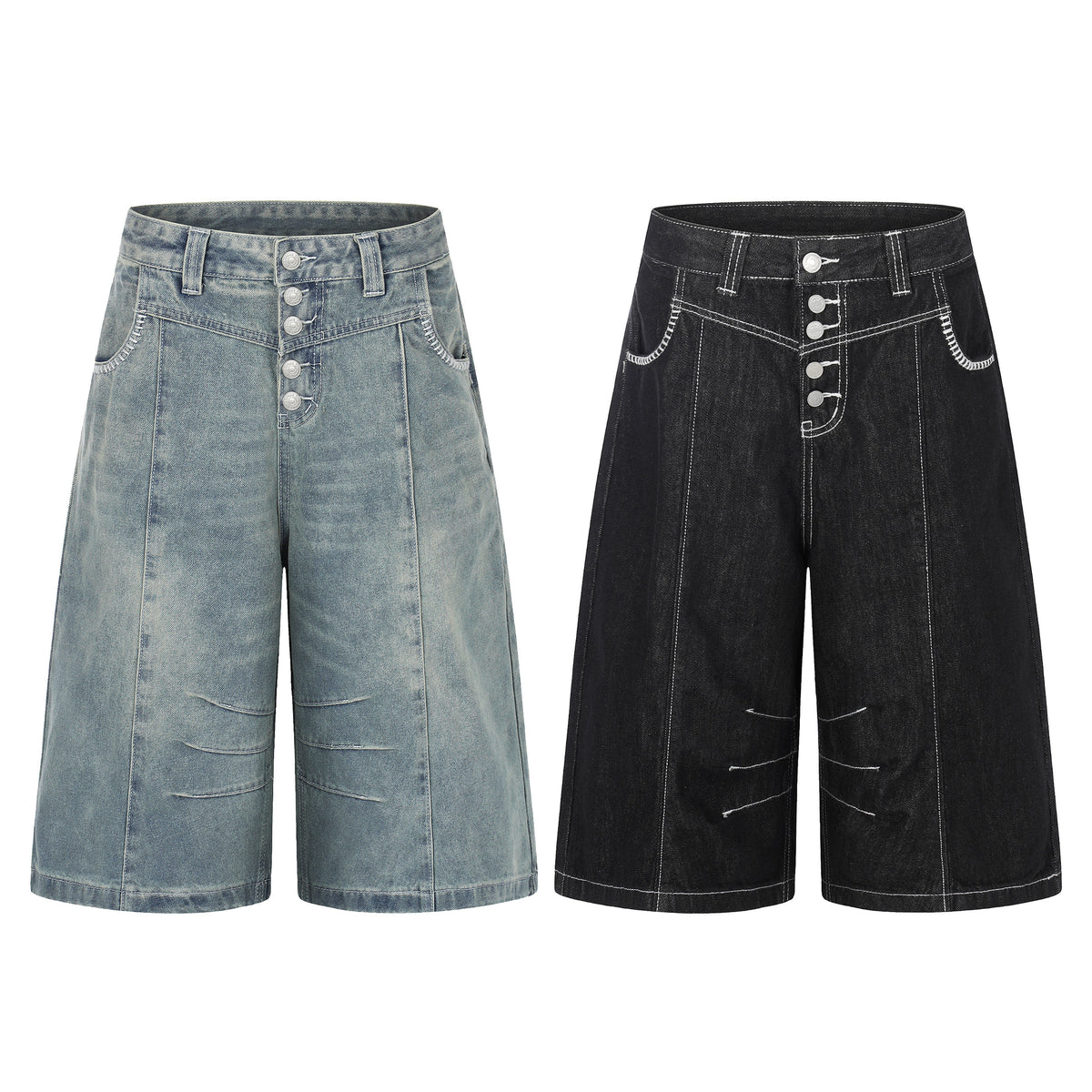 Asymmetric Pleated Metal Button Denim Jorts - Seldom Seen Styles