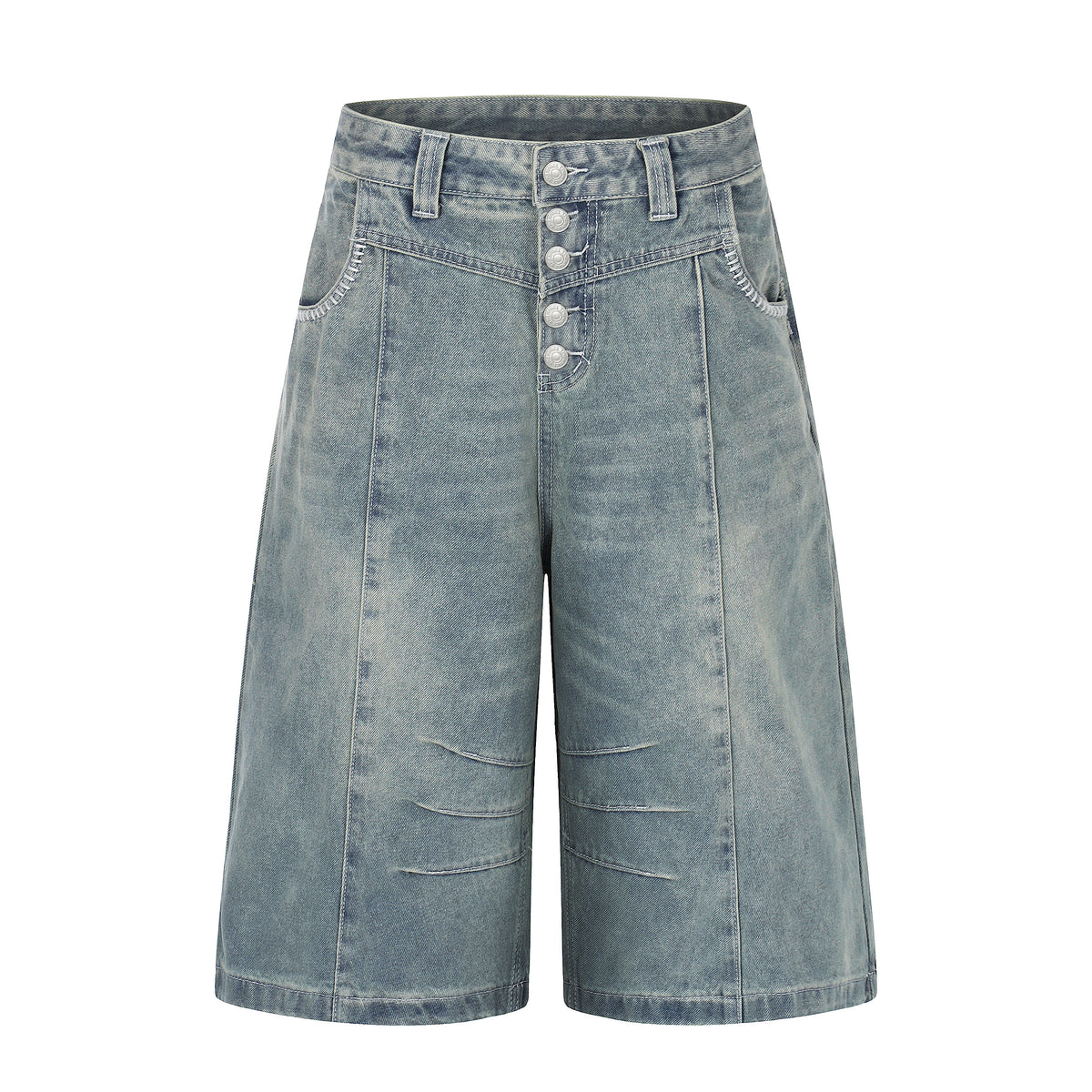 Asymmetric Pleated Metal Button Denim Jorts - Seldom Seen Styles