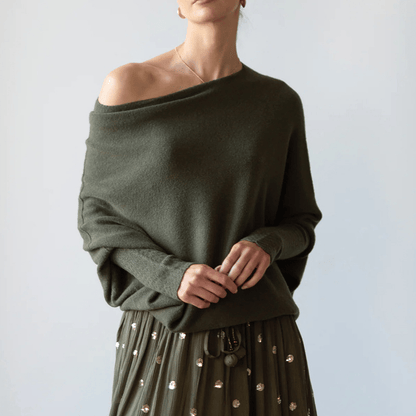 Asymmetrical Off-Shoulder Draped Knit Sweater for Women