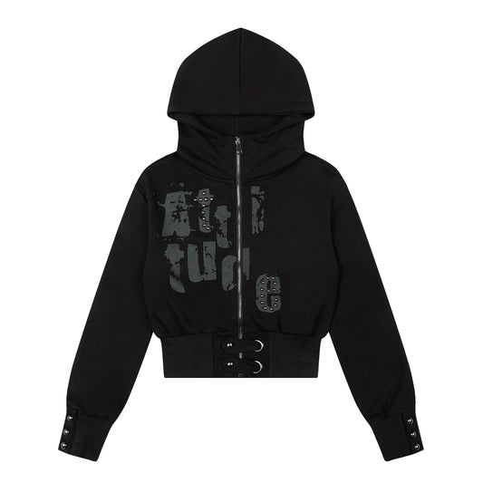 Attitude Rivet Letter Distressed Crop Zip Hoodie Studded Waist Buckle Y2K Streetwear Sweatshirt - Seldom Seen Styles