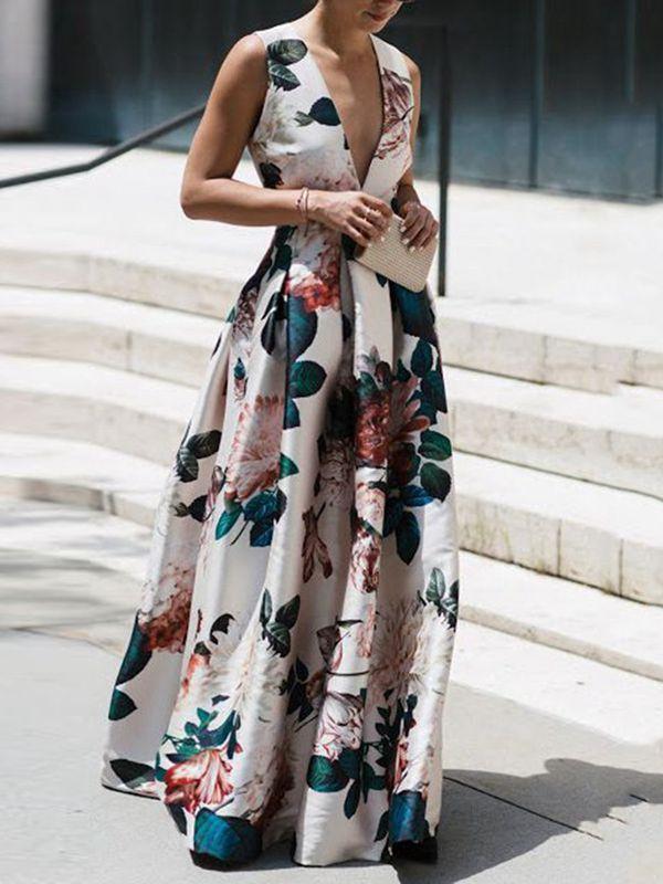 Autumn And Winter Sexy V-Neck Print Sleeveless High Waist Evening Dress - Seldom Seen Styles