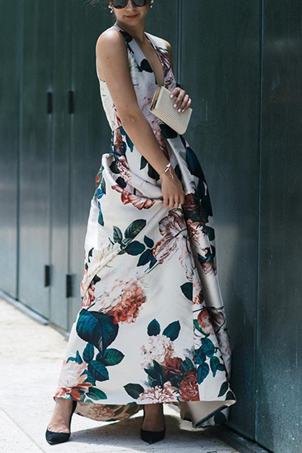 Autumn And Winter Sexy V-Neck Print Sleeveless High Waist Evening Dress - Seldom Seen Styles