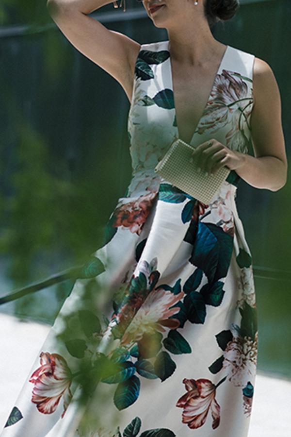 Autumn And Winter Sexy V-Neck Print Sleeveless High Waist Evening Dress - Seldom Seen Styles