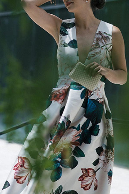 Robe de soirée sexy d'automne et d'hiver à col en V imprimé, sans manches et taille haute