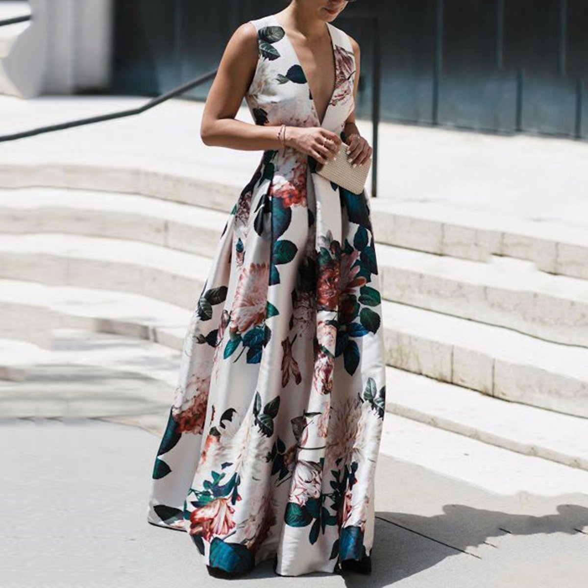 Autumn And Winter Sexy V-Neck Print Sleeveless High Waist Evening Dress - Seldom Seen Styles
