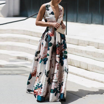 Robe de soirée sexy d'automne et d'hiver à col en V imprimé, sans manches et taille haute
