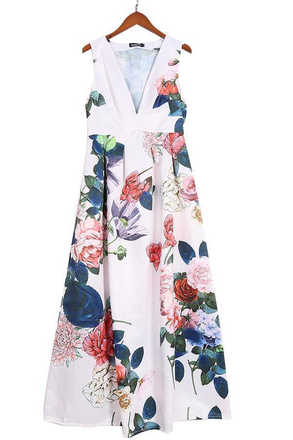 Autumn And Winter Sexy V-Neck Print Sleeveless High Waist Evening Dress - Seldom Seen Styles