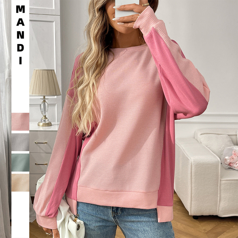 Autumn New Round Neck Casual Loose Color-Block Long Sleeve Waffle Top Shirts - Seldom Seen Styles