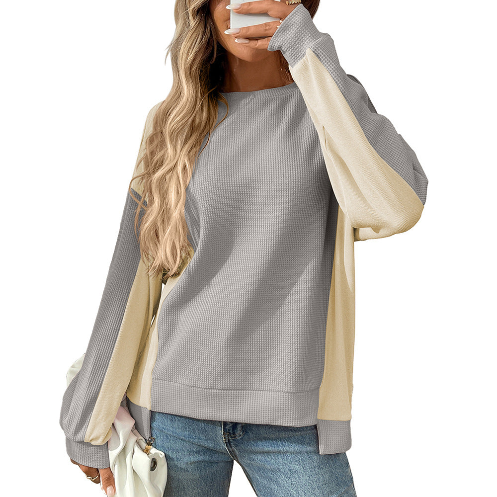 Autumn New Round Neck Casual Loose Color-Block Long Sleeve Waffle Top Shirts - Seldom Seen Styles