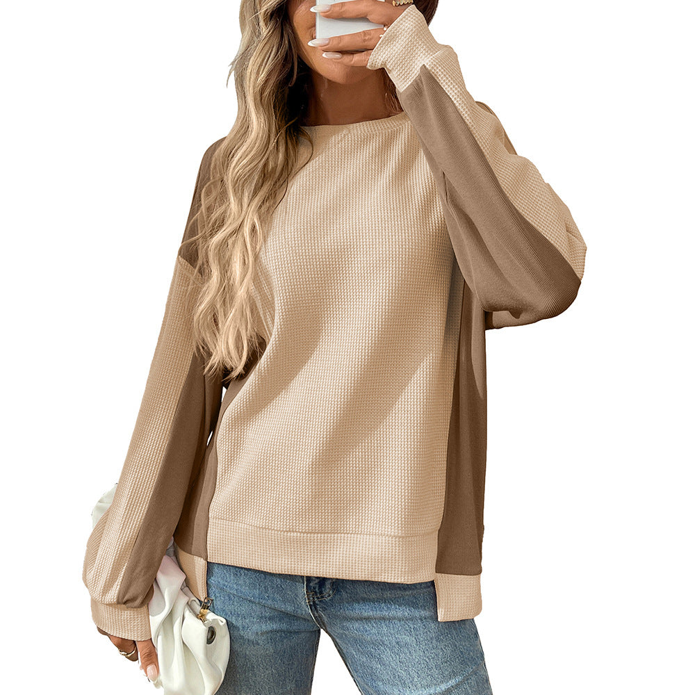 Autumn New Round Neck Casual Loose Color-Block Long Sleeve Waffle Top Shirts - Seldom Seen Styles