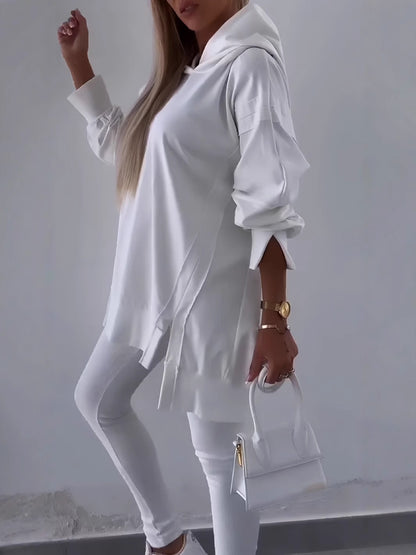 Autumn Women's Sports Split Hoodie Solid Color Long Sleeve Sweatshirt and Leggings Two-Piece Set - Seldom Seen Styles