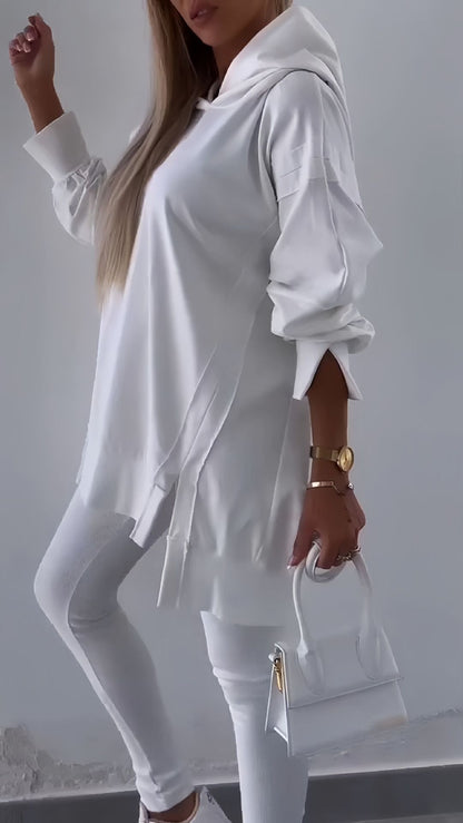 Autumn Women's Sports Split Hoodie Solid Color Long Sleeve Sweatshirt and Leggings Two-Piece Set - Seldom Seen Styles