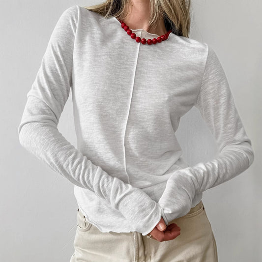 Autumn and awinter crew neck knitted bottoming shirt women's simple fashion splicing inside with white long-sleeved top women's clothing - Seldom Seen Styles