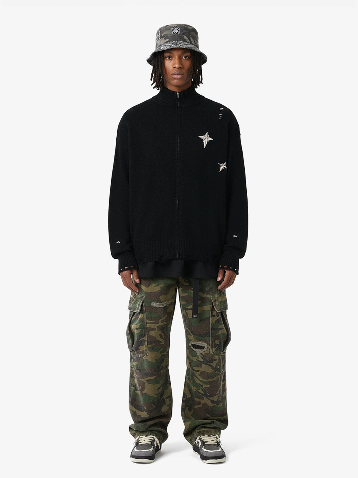 Woven Ripped Camouflage Flared Cargo Pants - 2410 