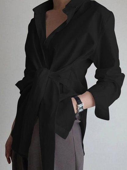 Chemise longue boutonnée semi-transparente à nouer