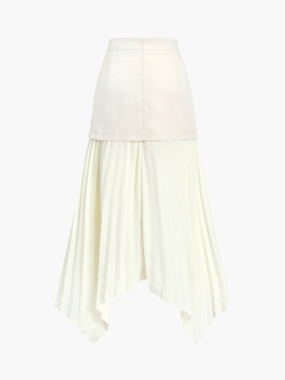 Asymmetrischer, plissierter Midi-Rock mit Knopfleiste im Patchwork-Look