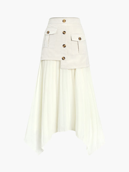 Asymmetrischer, plissierter Midi-Rock mit Knopfleiste im Patchwork-Look